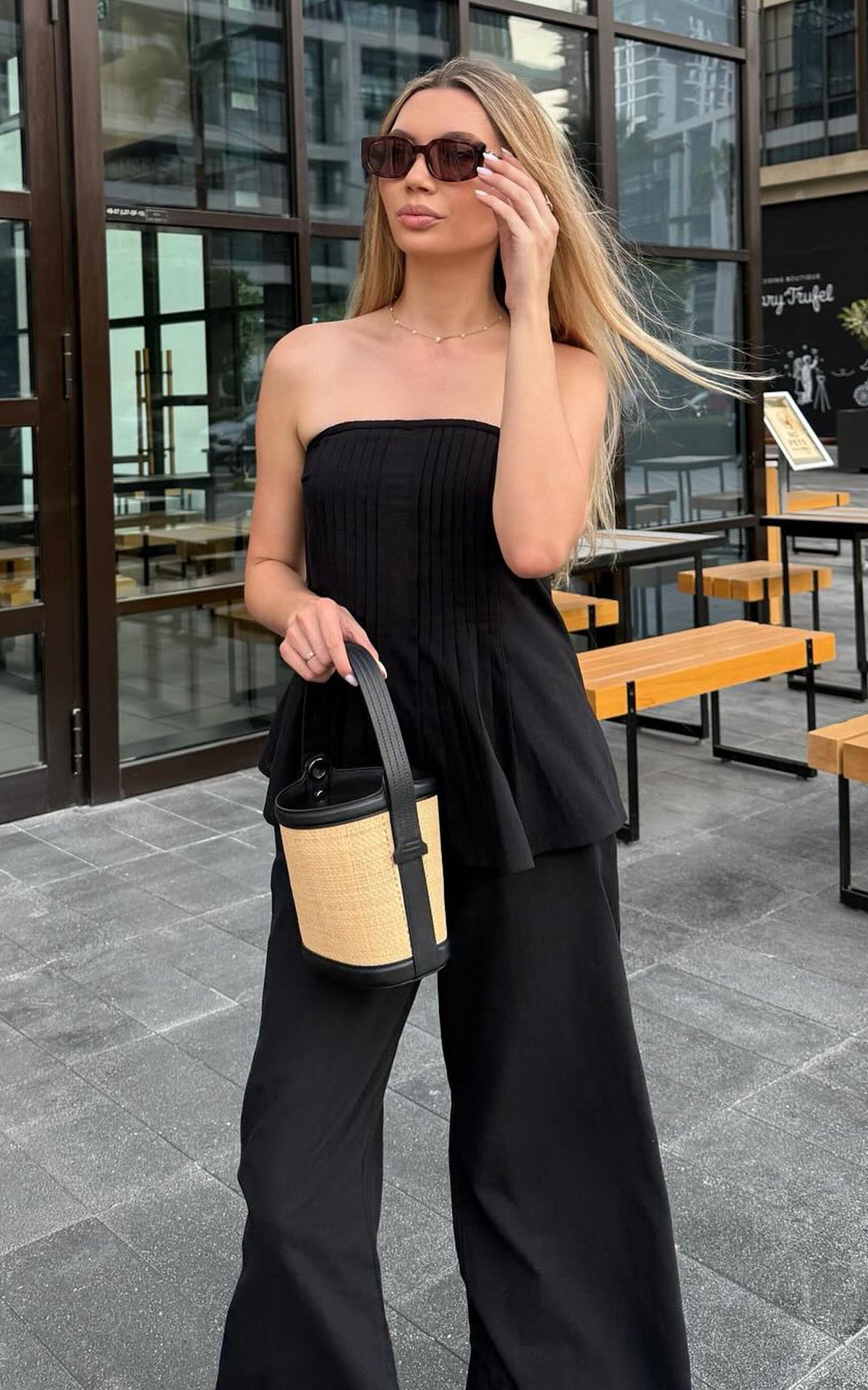 Carli Two Piece Top and Pants Set - Cotton Tube Pant Set in Black